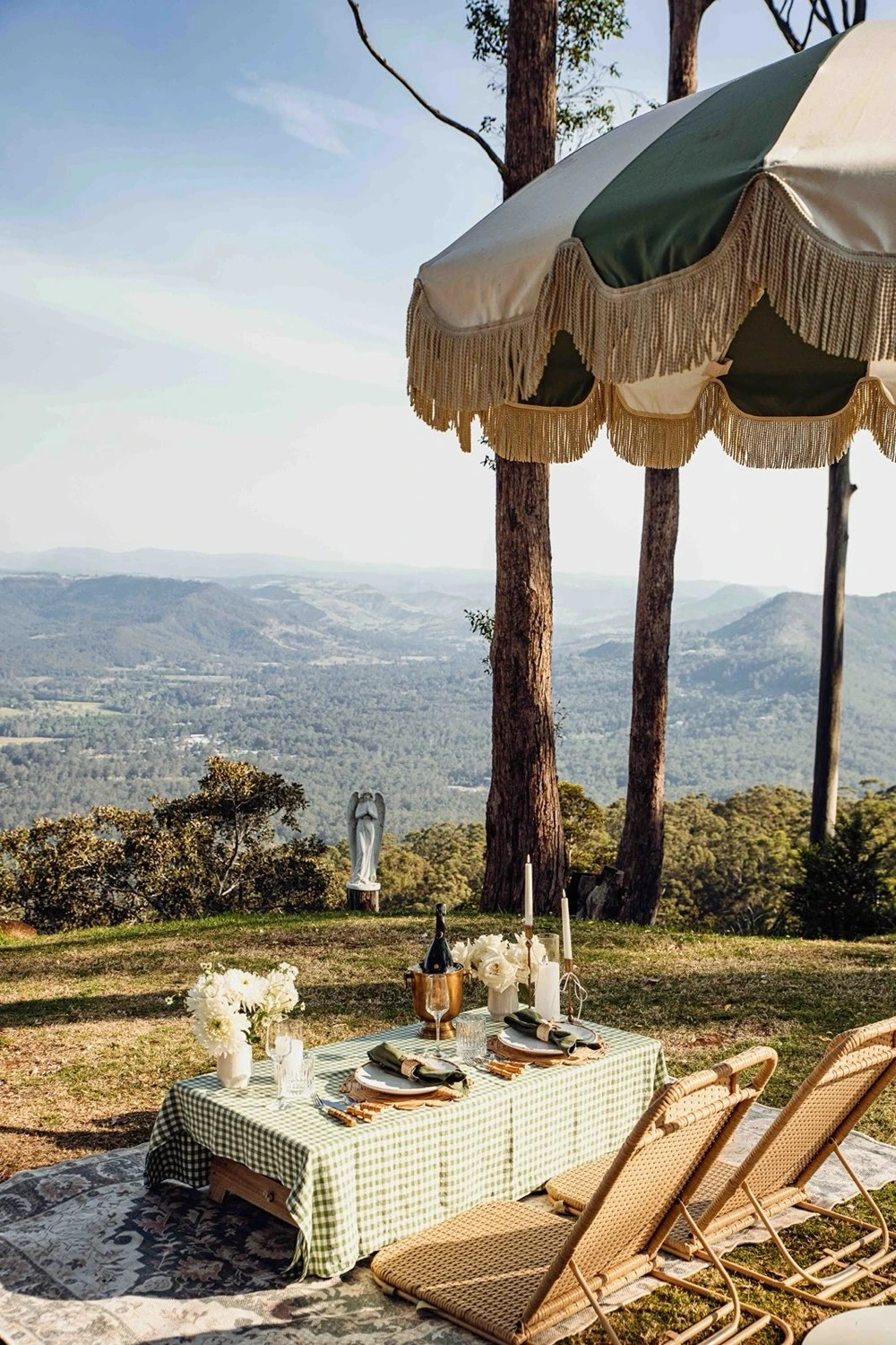 Romantic proposal picnic setup at VH Country Estate on Tamborine Mountain with scenic mountain views