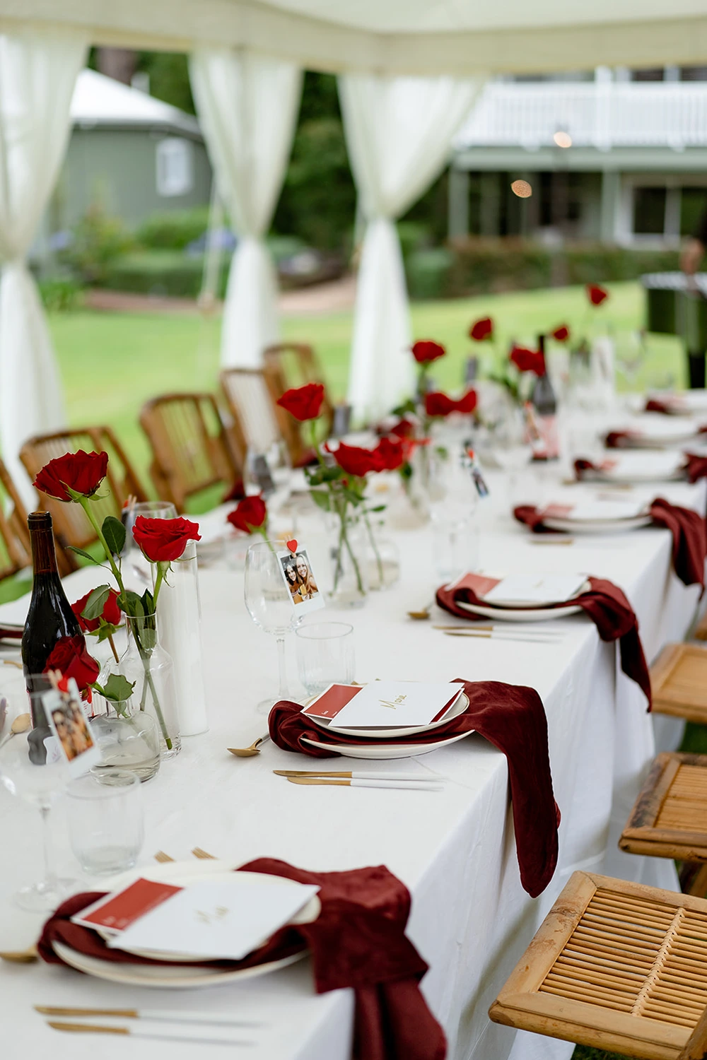 Styled elopement reception table with red roses at Verandah House Country Estate